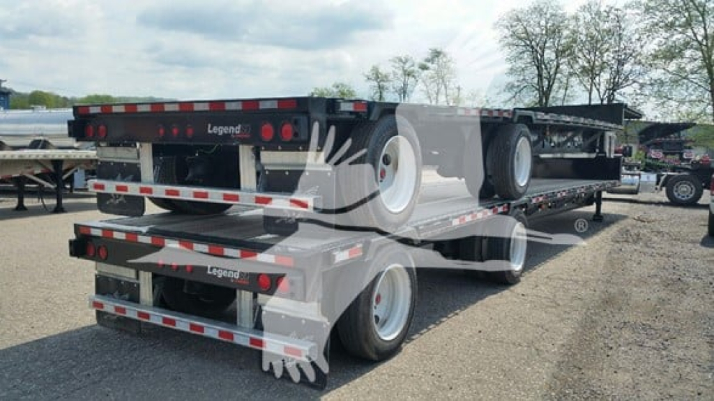 Manac steel drop deck trailer in a yard, stacked tandem axles, white wheels, black frame, Legend brand visible on rear plates.