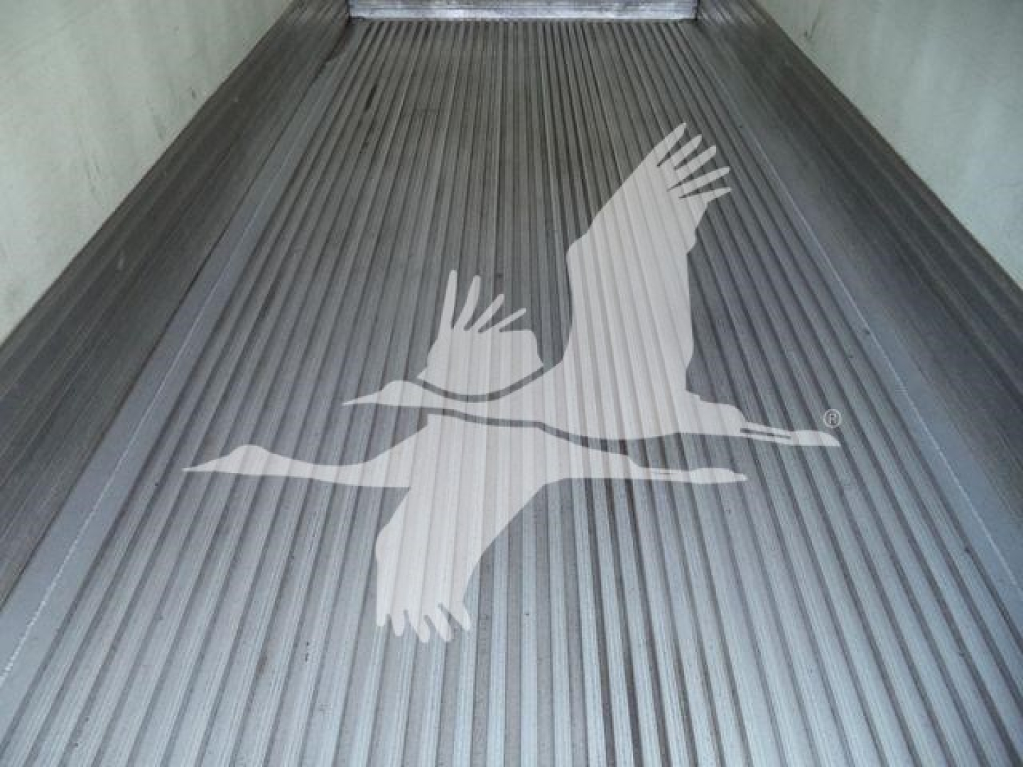 Truck bed with Grooved flooring and a large white bird logo (refrigerated truck) visible in the image.