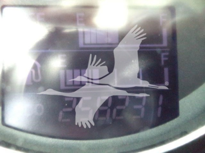 Dashboard display showing a folding white bird logo overlaid on a digital readout with numbers, in a blurred reflection.