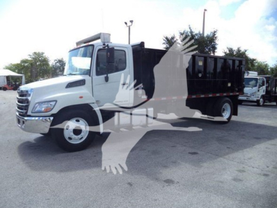 Hino 268A dump truck in-service showing cab and black dump bed with stock lot background.