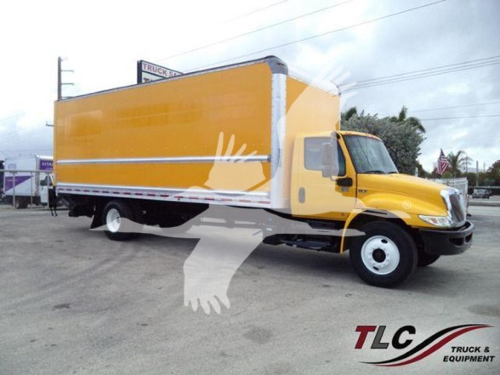 Truck box truck showing bright yellow cargo box and cab, International MV model, stock number T42417 in lot