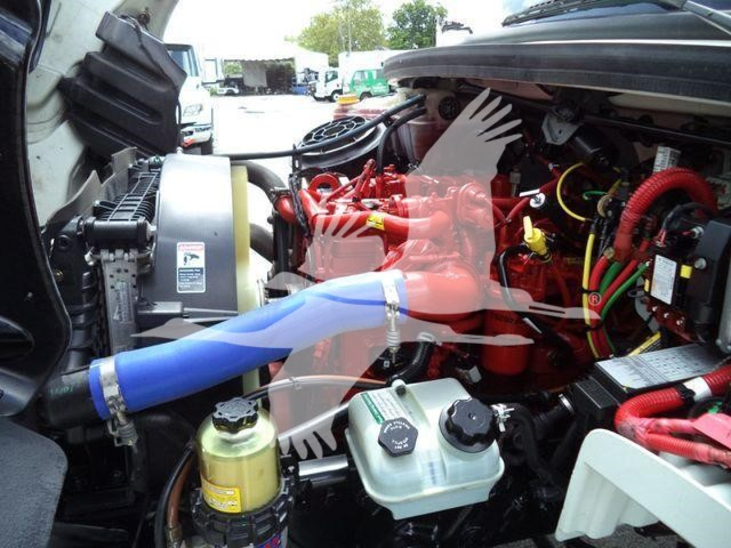 Engine bay of a Freightliner M2 106 with red engine, blue coolant hose, various fluid reservoirs, and wiring harness visible.