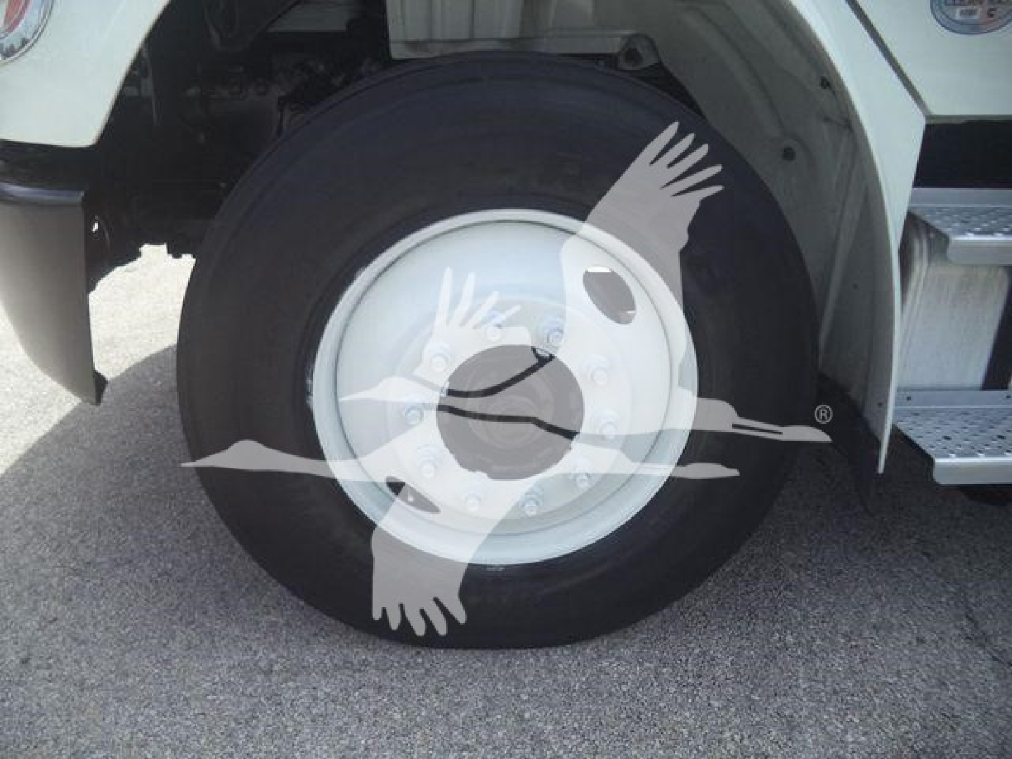 Truck wheel and fender area of a 2023 Freightliner M2 106 showing front tire and wheel well.