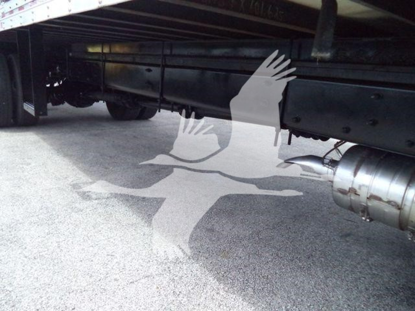 Underbody of a Freightliner M2 box truck showing frame rails and exhaust while parked.