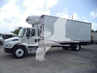 Freightliner M2 106 box truck with refrigeration unit showing side view