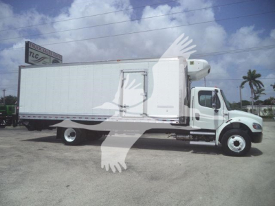 Truck side view of a 2023 Freightliner M2 106 box truck with a refrigerated body and white cab, stock number 268304RFM