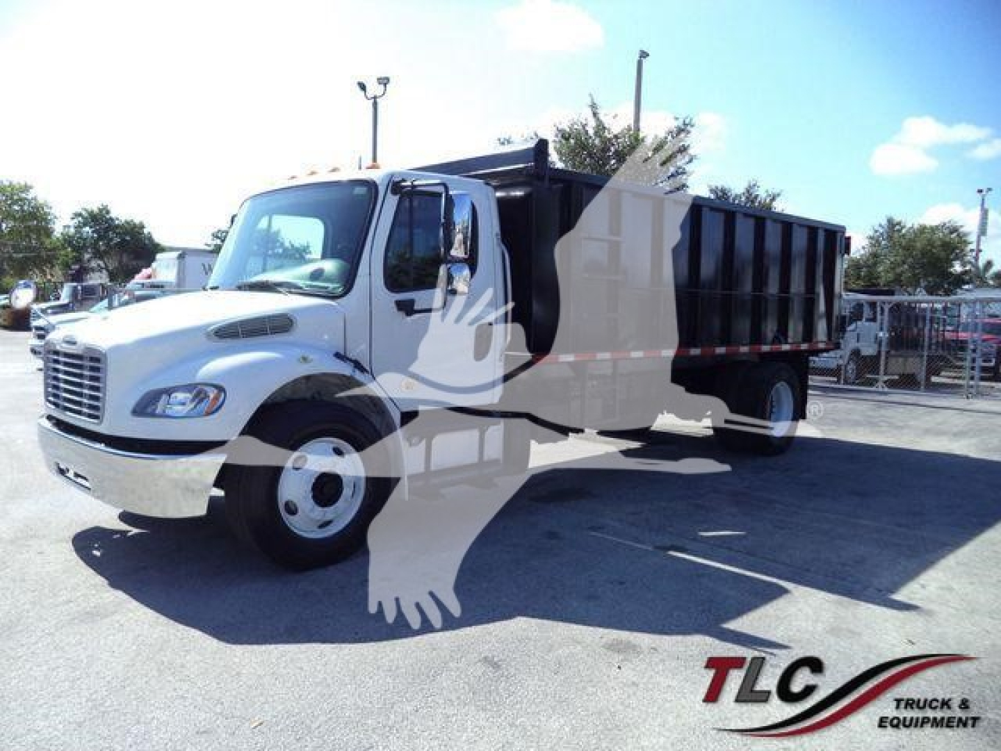 White Freightliner M2 106 dump truck with black dump body in a dealership lot. Visible text: none on truck; watermark of a turtle graphic across image.
