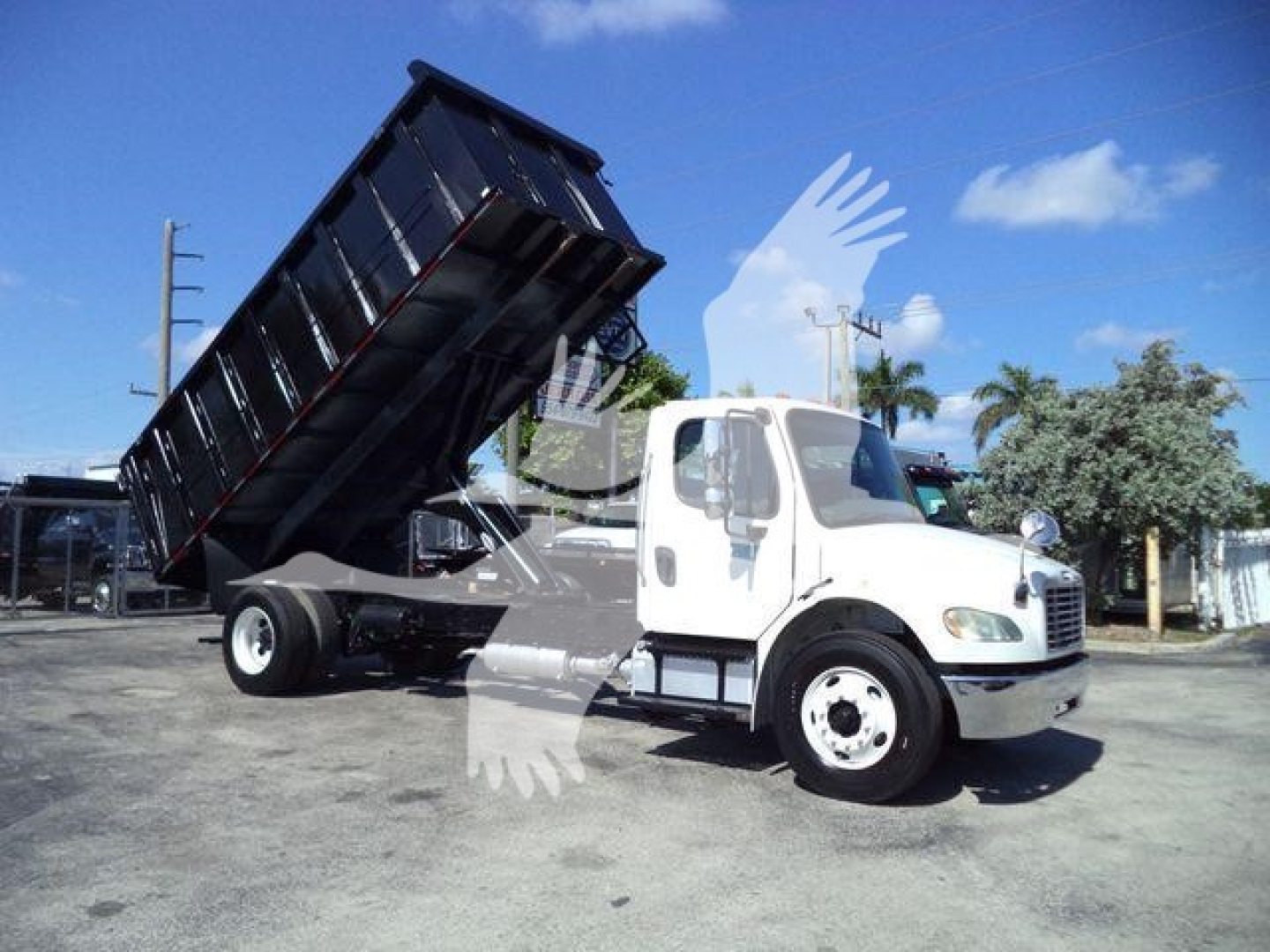 Freightliner M2 106 dump truck with bed raised, white cab, black dump body, in a lot.