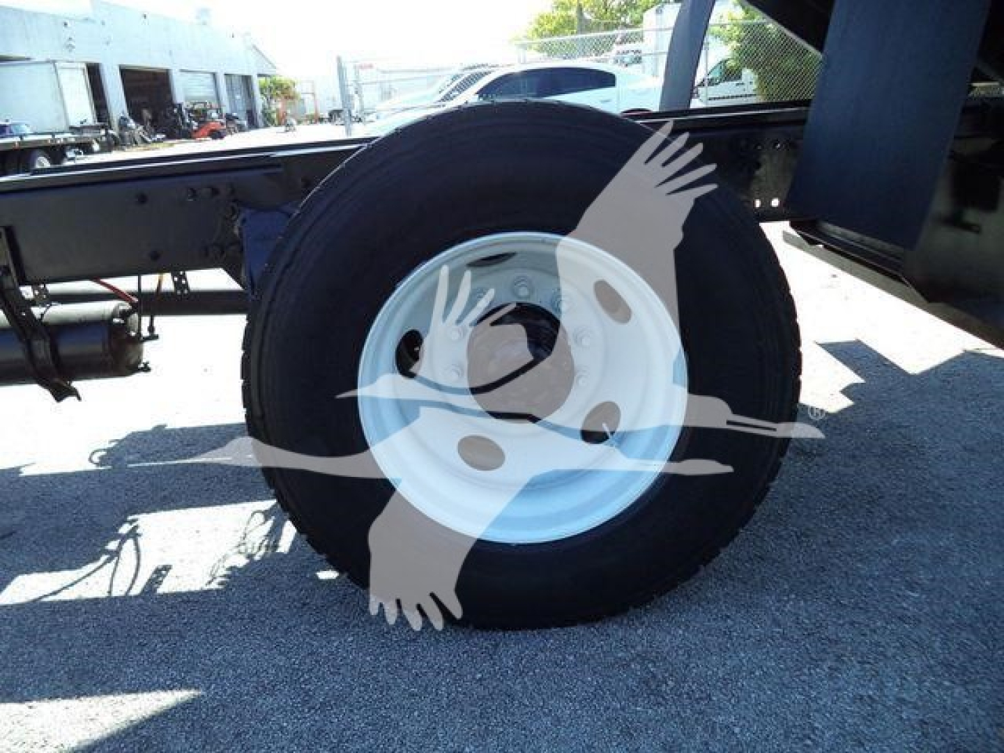 Truck wheel close-up on Freightliner M2 106 chassis showing tire and white steel rim.
