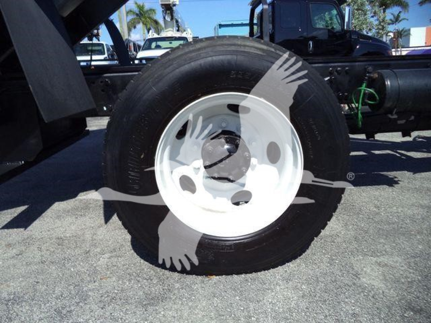 Truck wheel with white rim on Freightliner M2 106 dump chassis showing tire and hub area.