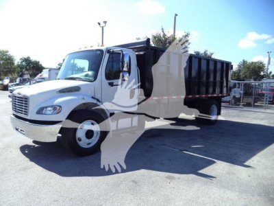 2017 Freightliner M2 106 dump truck with dump bed visible, front left view, stock and listing notations overlayed.