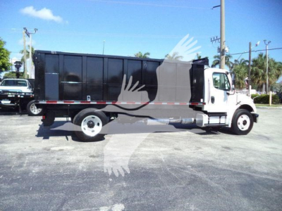 Truck side view of a 2017 Freightliner M2 106 dump truck with black dump bed, white cab, and Stock THY4750FM visible on listing context.