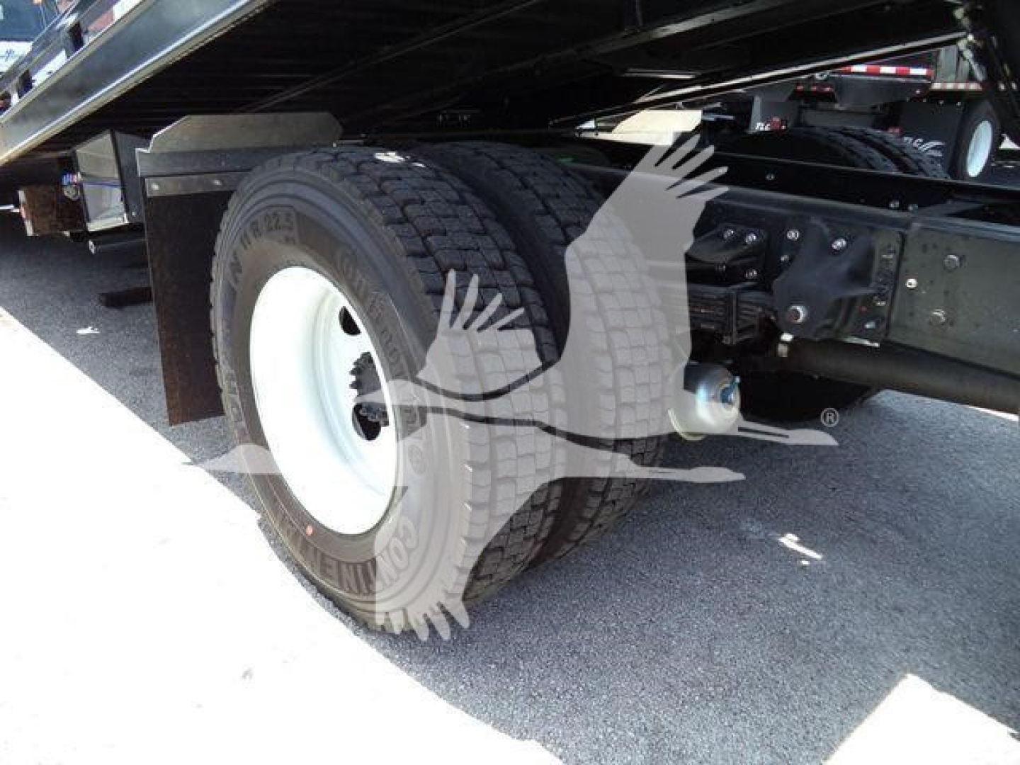 Truck rear wheel and undercarriage of a 2024 Isuzu FTR single rear axle showing tire, white rim, frame, and hydraulic components.