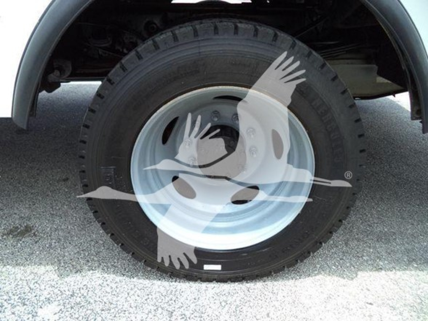 Ford F-450 service truck wheel and tire seen from side.