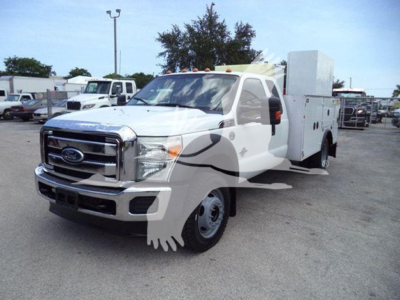 Ford F-450 Super Duty service/utility truck in white, front three-quarter view with utility box on bed and cab door visible.