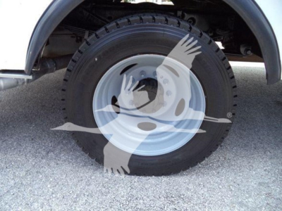 Ford F-450 wheel and tire assembly in service/utility pickup with white steel rim and black tire, front fender area visible.