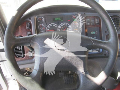 Steering wheel view of a Freightliner M2 106 dashboard with gauges and display panel; exposure shows truck controls and instrument cluster.