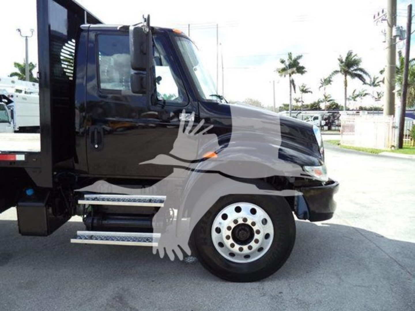 2019 International Durastar 4300 side view showing front wheel, black cab, white steps, and flatbed in a parking lot.