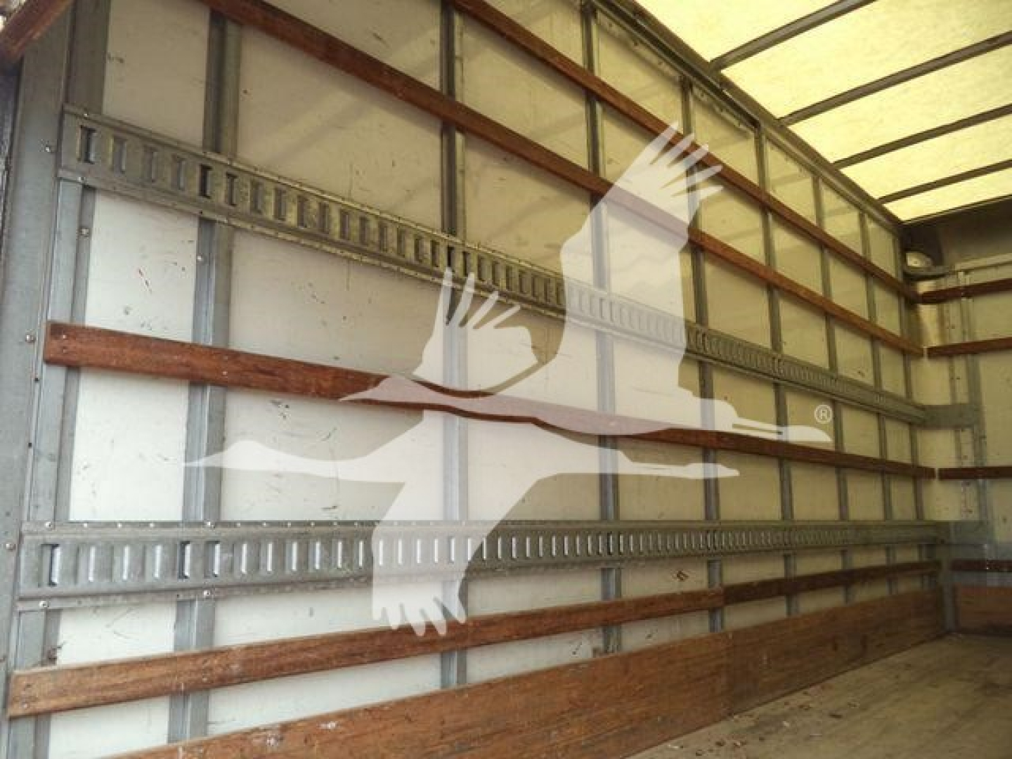 Isuzu NPR HD box truck interior cargo area with wall rails and tie-down tracks.