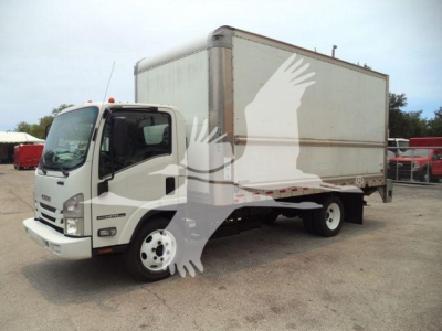 Isuzu NPR-HD box truck viewed from front-left, cargo box with white exterior and ladder rack, logo on doors, in a lot.