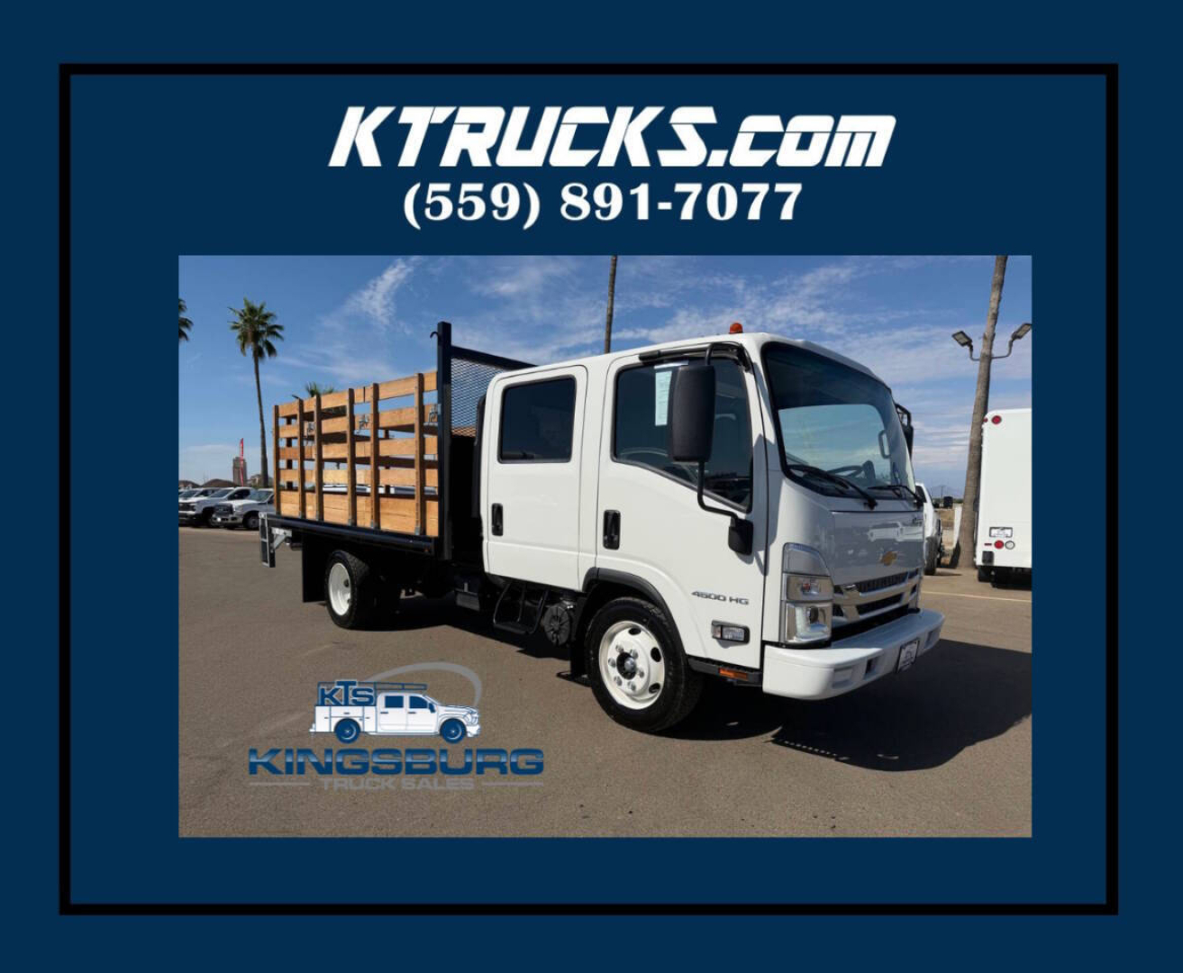 KTrucks.com image showing white Chevrolet cab with flatbed and wooden side rails, stock number 7906, Kingburg logo, blue border.