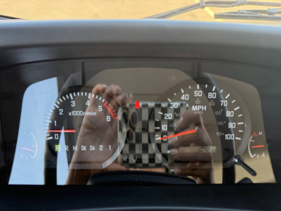 Dashboard of a 2024 Chevrolet 4500 LFC showing instrument cluster with tachometer, speedometer, and gear indicator.