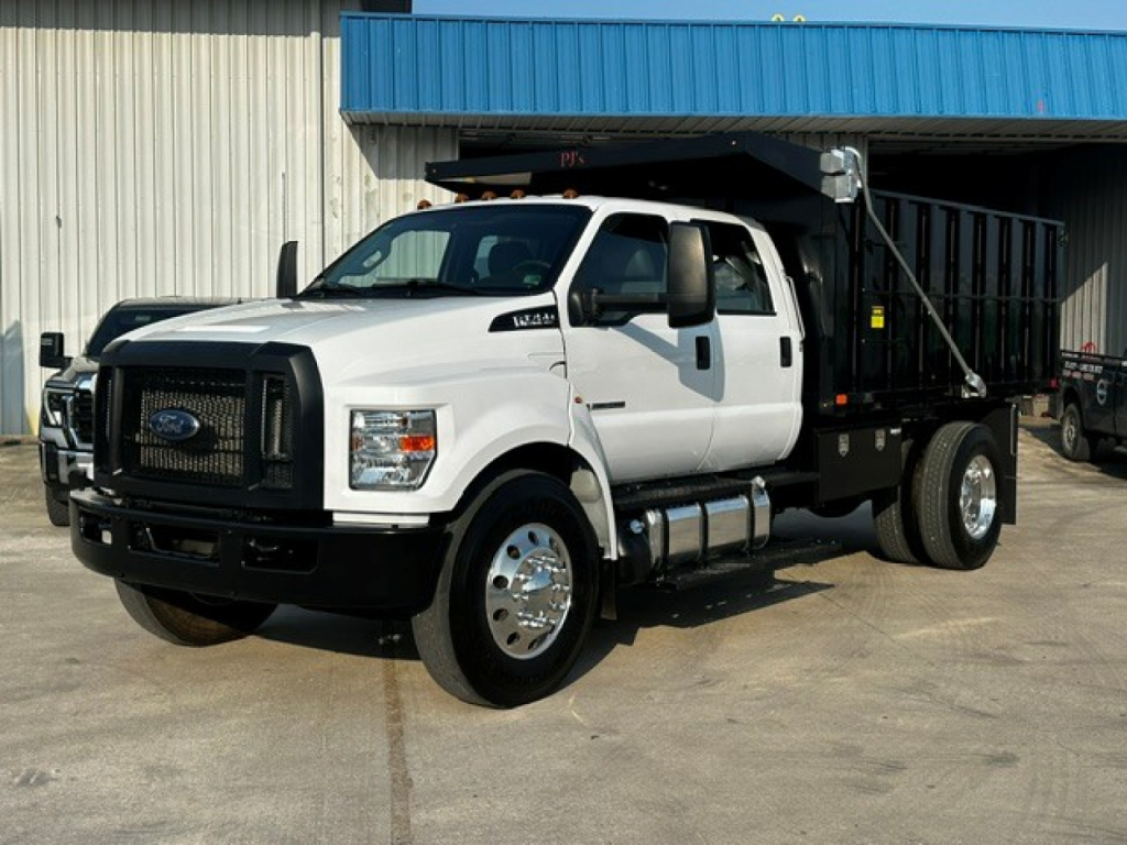 White Ford F-750 dump truck in daytime, front three-quarter view, with black grille guard and dump bed, side mirrors, and dual rear wheels.