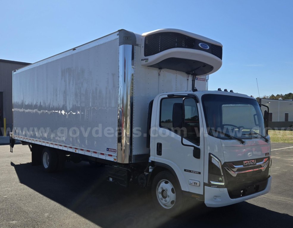 Isuzu NPR box truck with a refrigerated rear unit (reefer) mounted on a white cab, side-view showing cargo box and refrigeration unit.