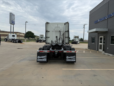 Rear view of a 2020 Mack ANTHEM sleeper truck showing trailer hitch area, rear bumper, and mud flaps with Byers Trucks branding.