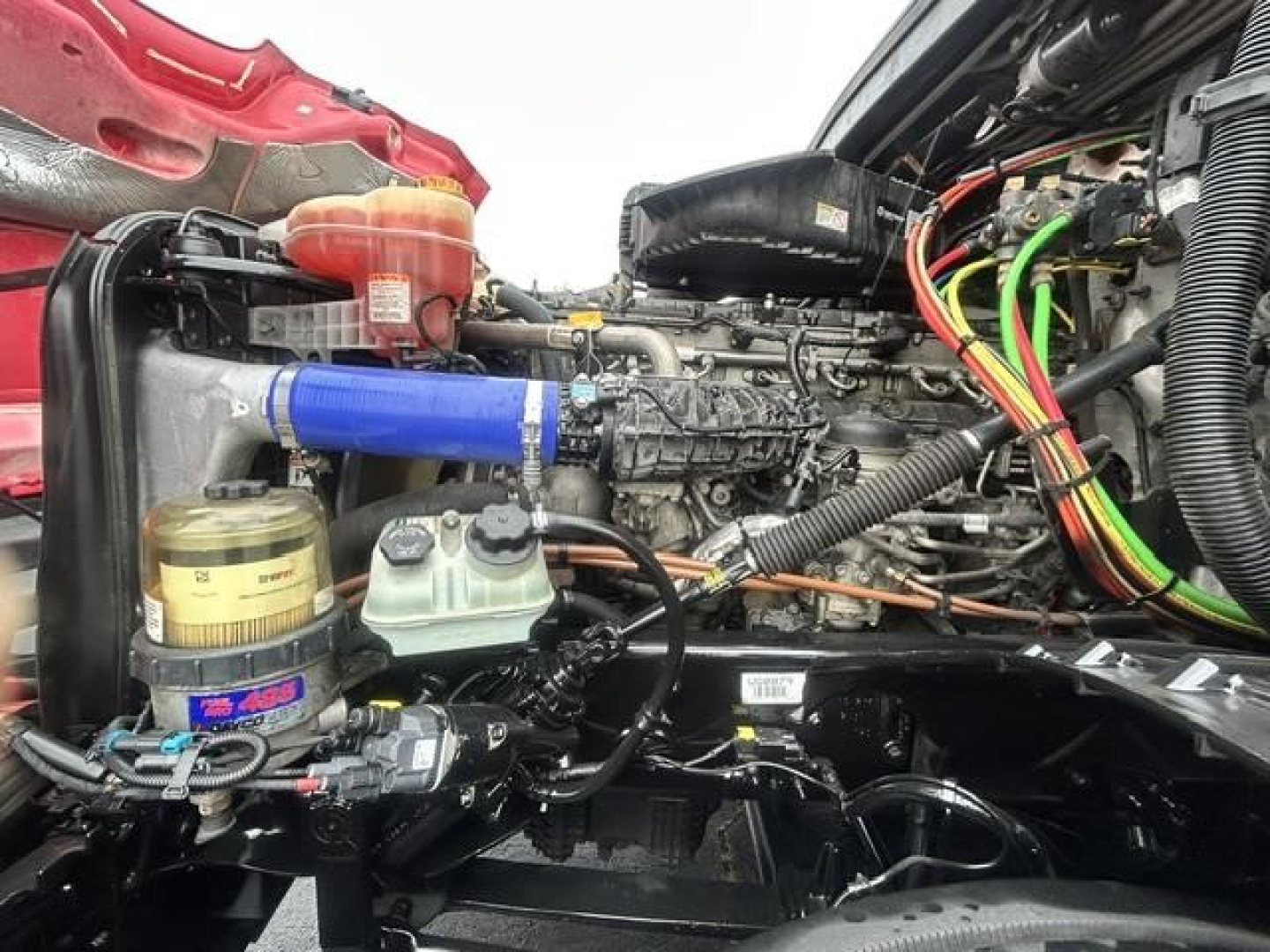 Freightliner Cascadia engine bay with blue intercooler pipe, exposed wiring, and various fluid reservoirs visible.