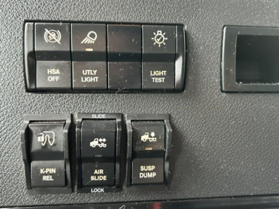 Panel with switches including HSA OFF, UTLY LIGHT, LIGHT TEST, and icons; lower row shows K-PIN REL, AIR SLIDE, SUSP DUMP with additional symbols.