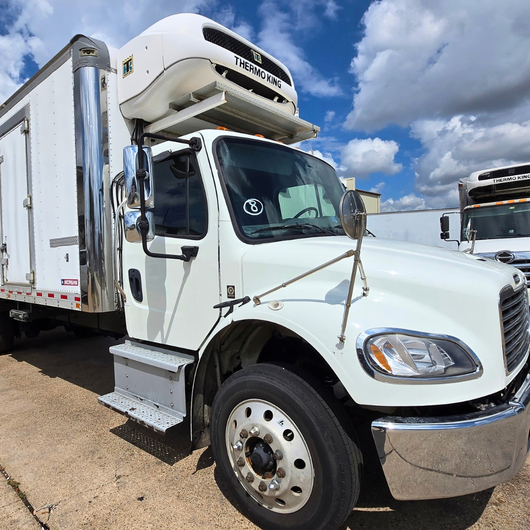 Isuzu FTR medium-duty box truck with a refrigerated body and a front refrigeration unit mounted on the cab; white cab, black tires, chrome bumper, and side mirrors.