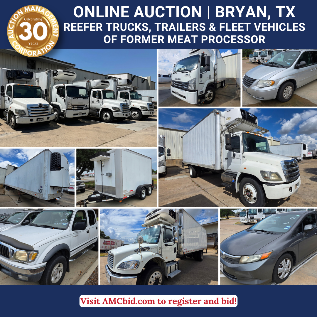 Online auction collage of Isuzu refrigerated trucks and trailers including multiple front and side views, with banner text for Bryan, TX auction site.
