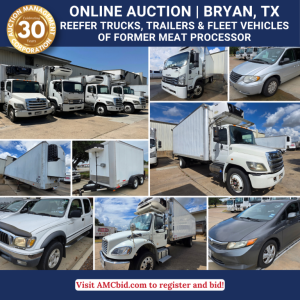 Online auction collage of Isuzu refrigerated trucks and trailers including multiple front and side views, with banner text for Bryan, TX auction site.
