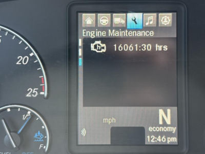 Dashboard screen showing Engine Maintenance with 16061:30 hrs and gear indicator N in economy mode; speedometer and tachometer partially visible.