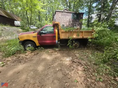 1999 Ford F-550 dump truck (parts only) with a red cab and yellow dump bed parked in a wooded area near a wooden shed.