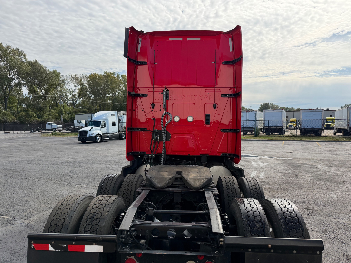 Truck chassis and rear view showing dual rear axles and fifth wheel mounting area for a 2020 International LT625.