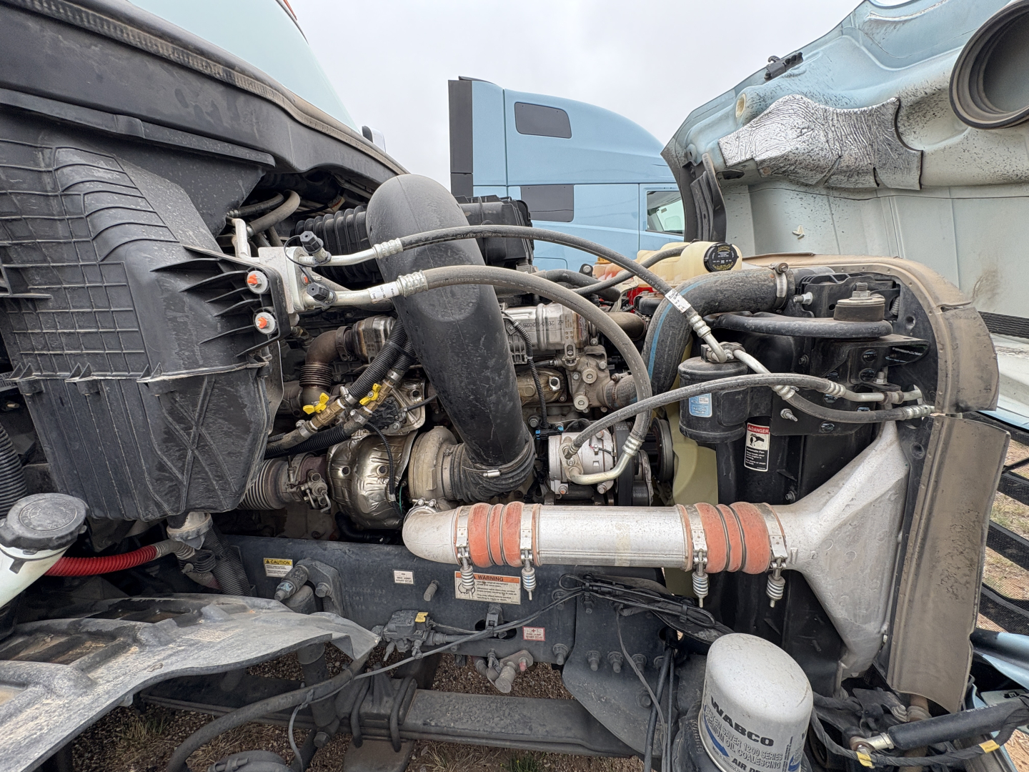 Freightliner Cascadia engine bay showing cooling radiators, hoses, turbocharger area, and intercooler piping.