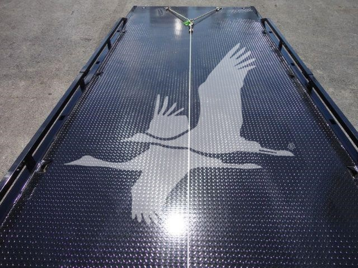 Flatbed truck deck with dotted metal surface and a large white eagle graphic in flight. Centerline strap and edge rails visible; reflective sunlight bar on deck.