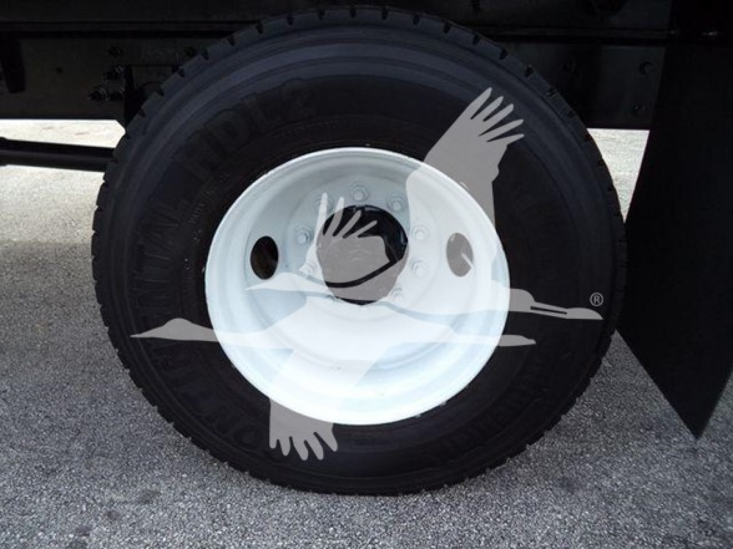 Truck wheel with white steel rim and tire sidewall text; partial wheel well and frame visible.