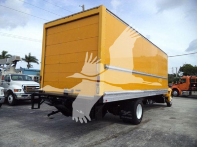 Box truck rear and side view showing yellow cargo box and black undercarriage.