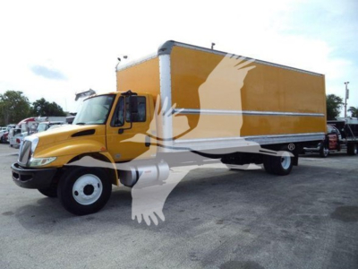 Box truck 2018 International Durastar 4300 with yellow cab and yellow cargo box, side view showing stock number T46539 and VIN label not visible