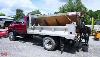 Dump truck with plow equipment side view showing International CV515 4x2 dump bed and plow mount behind cab.