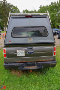 Ford F-150 rear view with cap showing LEER canopy and Ford badge, tailgate and hitch, used pickup truck