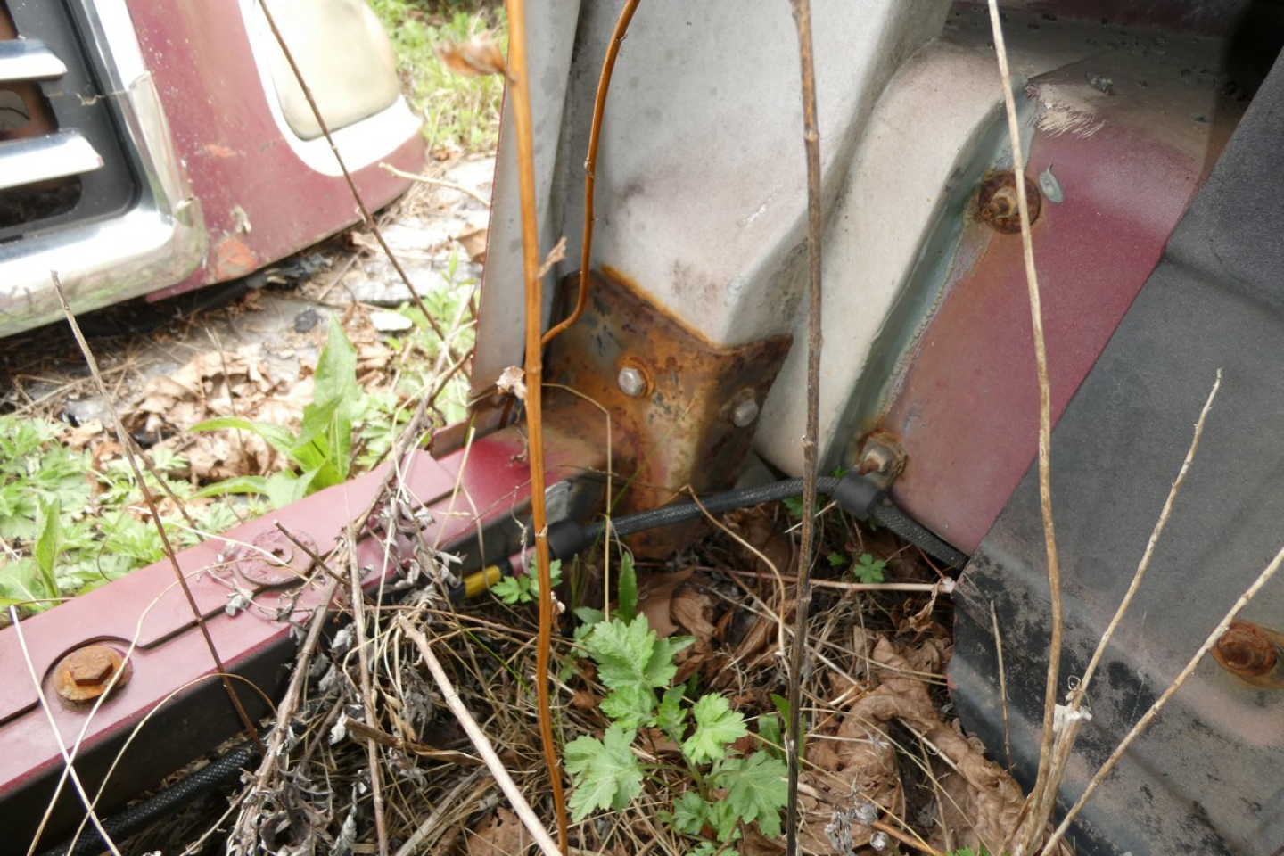 Mack CH612 hood area showing rusted corroded mounting area and surrounding body panels with vegetation