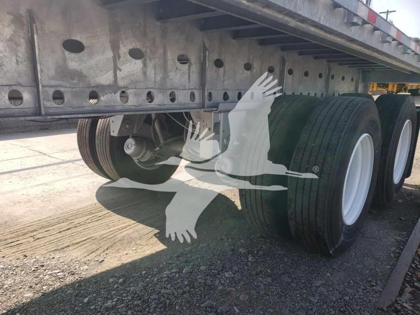 Trailer underside showing dual rear axles with large tires and a steel flatbed frame, undercarriage details visible.
