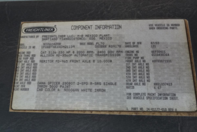 Freightliner component information plate on a 2004 FL70 showing VIN 1FVABTAK44DM21139, stock 0818251, cab and chassis, diesel engine, axle and tire specs.