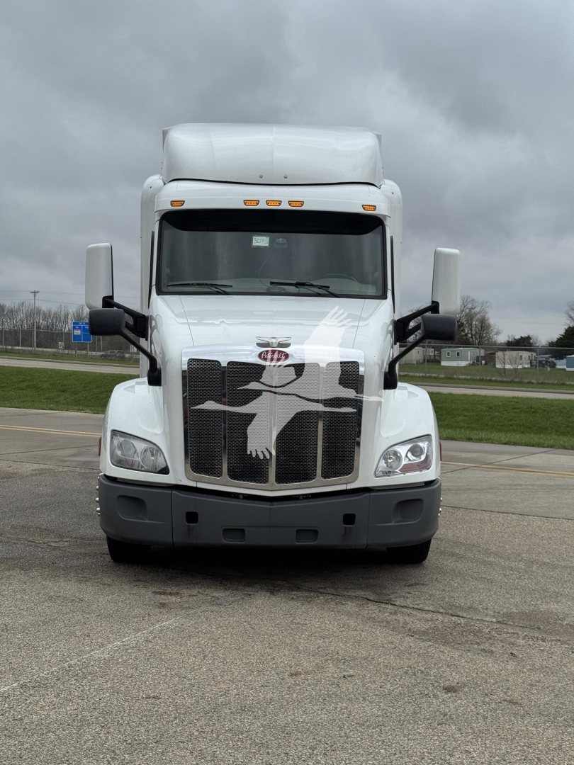 Peterbilt 579 front view truck showing grille and hood, white exterior, large mirrors, stock number plate area visible.