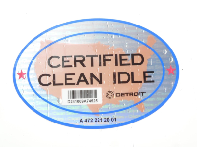 Oval sticker showing CERTIFIED CLEAN IDLE with barcode and Detroit logo.