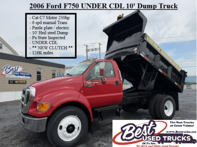 2006 Ford F750 under CDL 10' dump truck showing red cab and black dump bed with text box listing specs.
